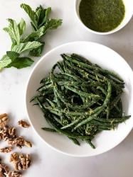 Grilled Green Beans with Walnut-Mint Pesto