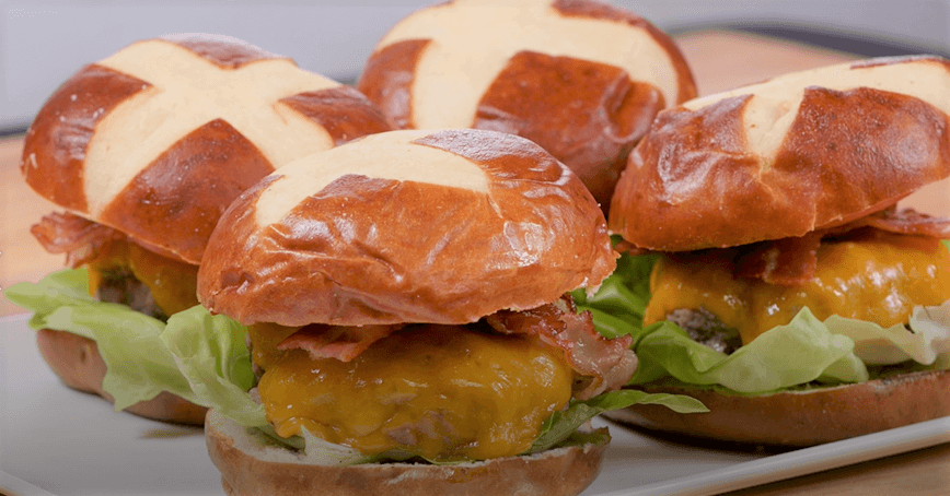 Bacon Cheeseburgers with Pretzel Buns