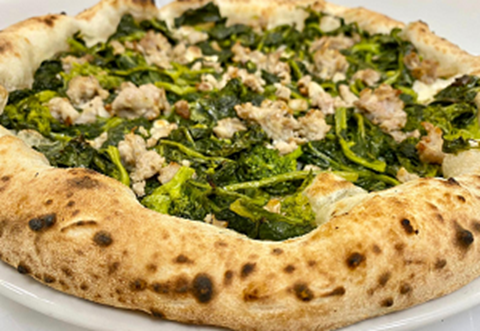 White Pizza with Sausage, Broccoli Rabe,  and Cherry Peppers