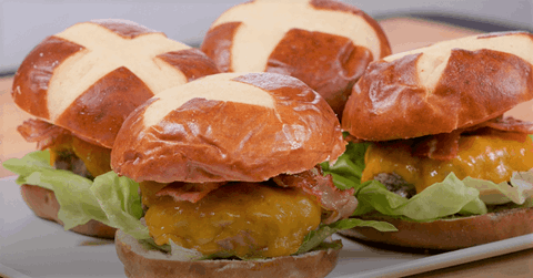 Bacon Cheeseburgers with Pretzel Buns