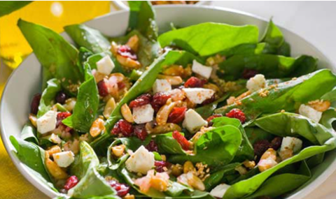 Spinach Salad with Caramelized Walnuts and Cranberry Orange Vinaigrette