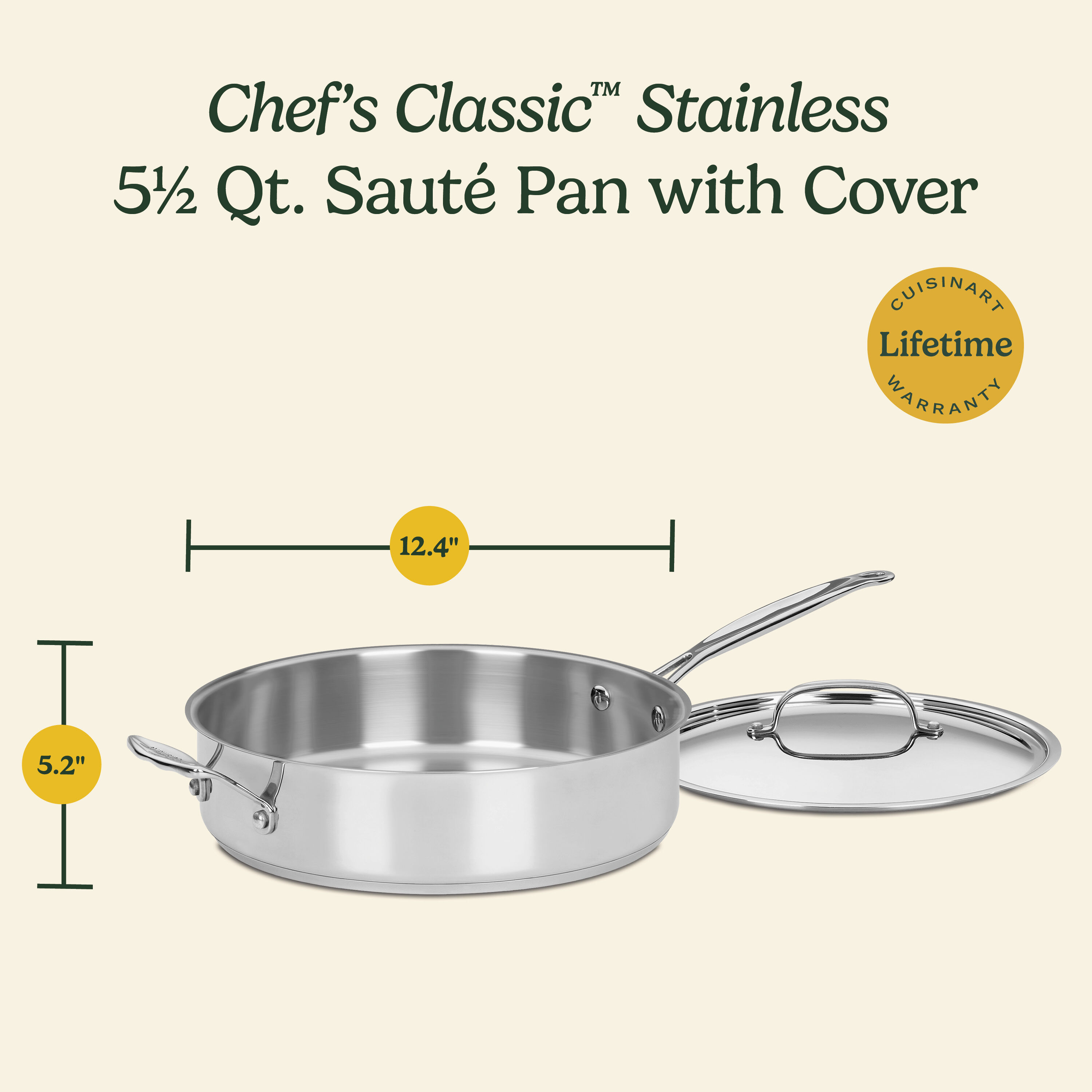 Chef's Classic Stainless 5.5 Quart Sauté Pan with Helper Handle & Cover - Thumbnail 5
