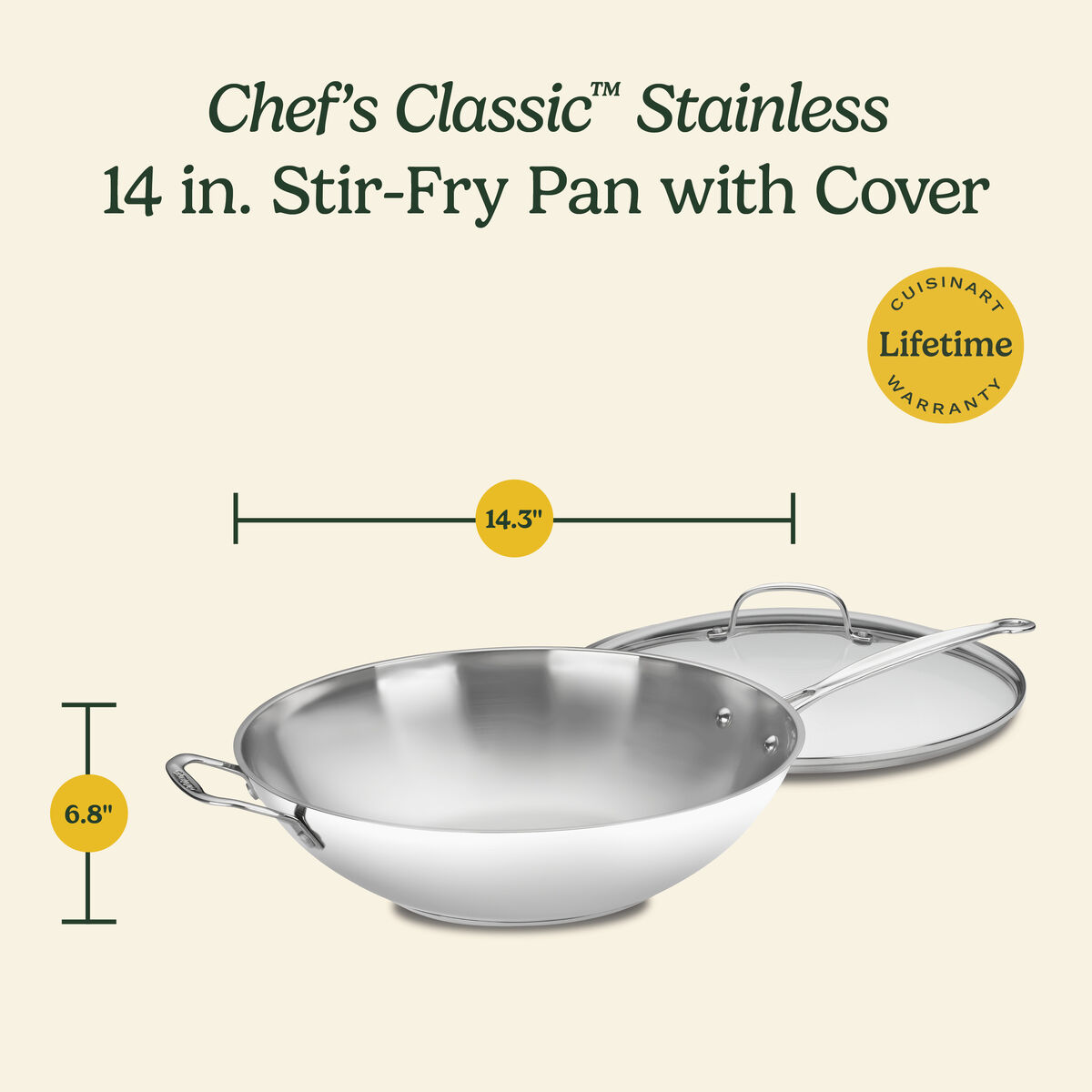 Chef's Classic&trade; Stainless 14" Stir-Fry Pan with Helper Handle & Glass Cover