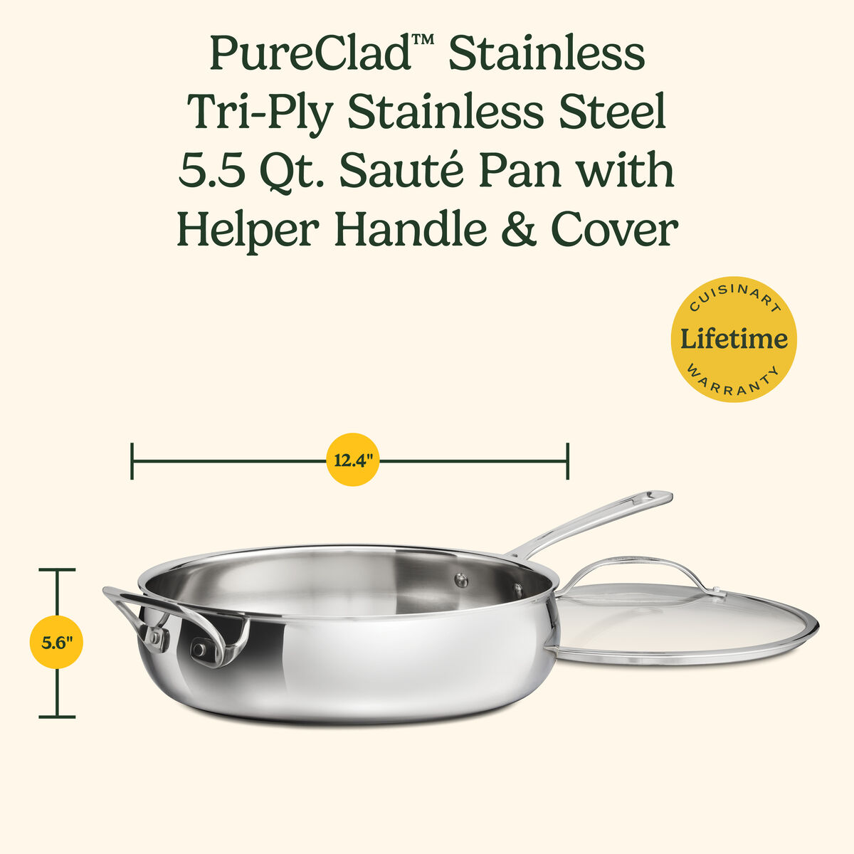 PureClad&trade; Triple-Ply 5.5 Qt. Stainless Steel Saut&eacute; Pan with Helper Handle and Cover 10