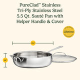 PureClad&trade; Triple-Ply 5.5 Qt. Stainless Steel Saut&eacute; Pan with Helper Handle and Cover 10