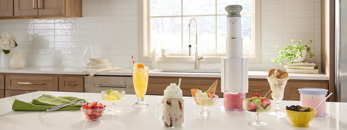 Cuisinart Ice cream maker and frozen desserts on kitchen countertop