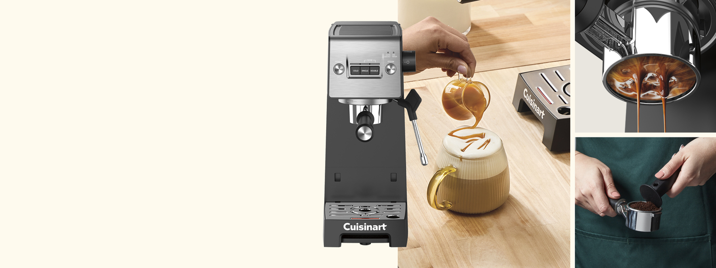 Espresso machine with image collection showing coffee, tamping, and portafilter