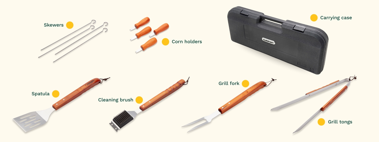 Grill tool set all tools, tool case, spatula, tongs, grill fork, cleaning brush, skewers, corn holders