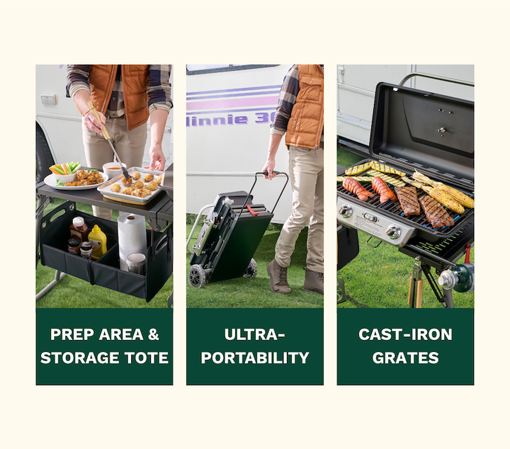 large prep area with food on top, ultra-portable grill being rolled like suitcase, lobster and steak on grill