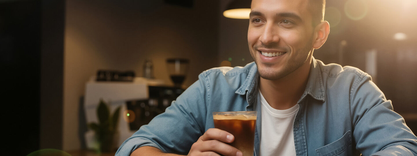 man smiling and drinking iced coffee