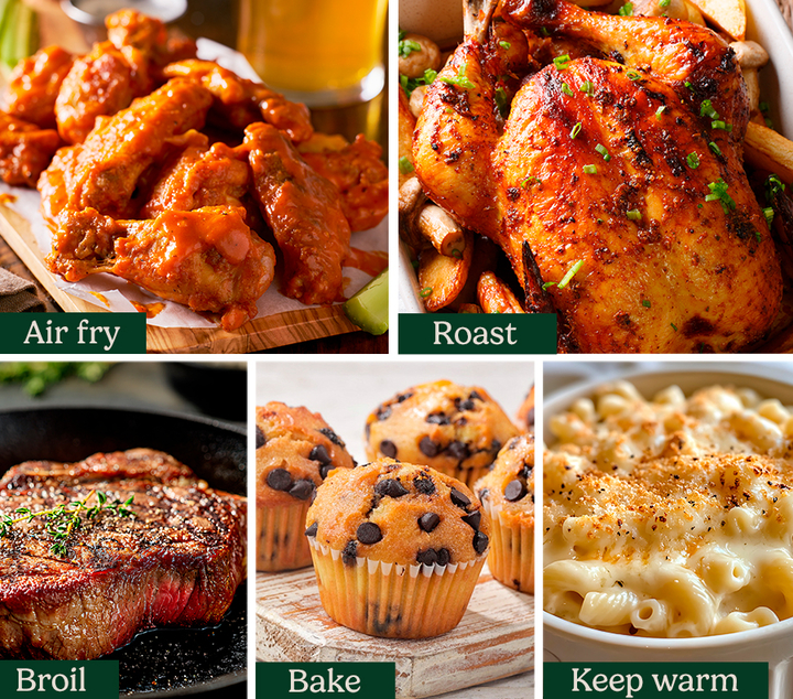 Air fry, roast, broil, bake warming food examples