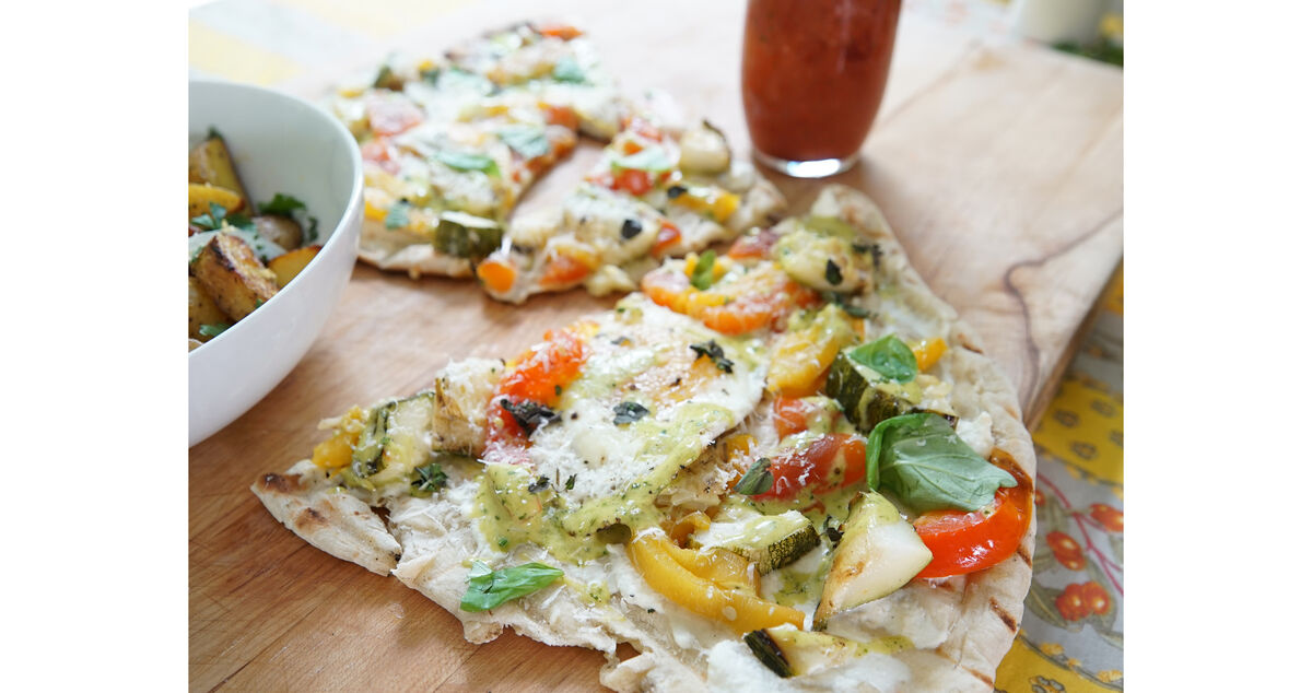 Brunch Pizza with Fried Egg, Smoke-Roasted Vegetables & Green Goddess Hollandaise-1