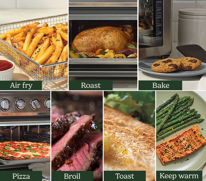 Informational image showing air frying, roasting, baking, broil, toast and keep warm functions