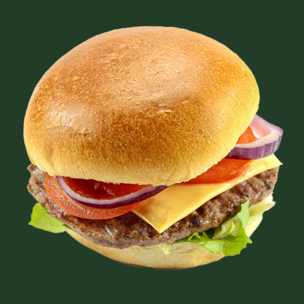 Hamburger with cheese and toppings on bun