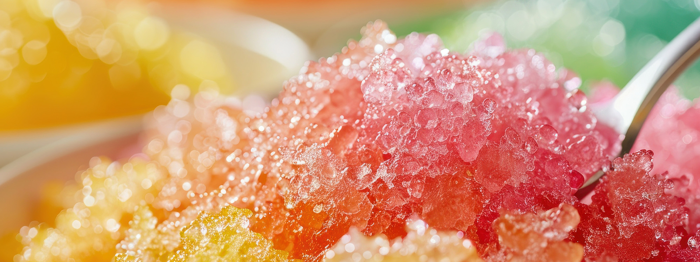 Spoon in colorful frosty treat shown close up.