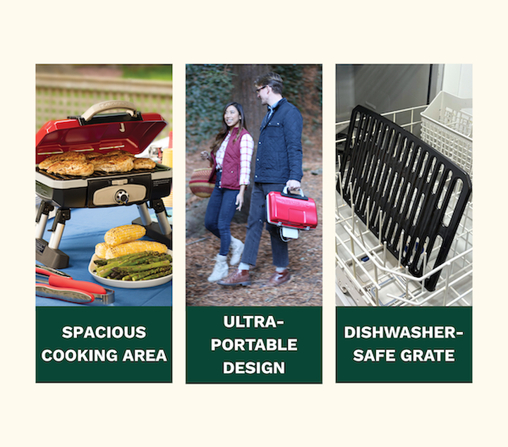 spacious cooking area, ultra-portable design, man carrying grill, dishwasher-safe gate inside dishwasher
