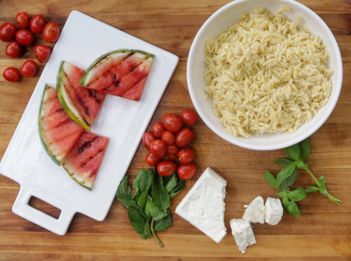 Grilled Watermelon and Orzo Salad with Blistered Cherry Tomatoes-3