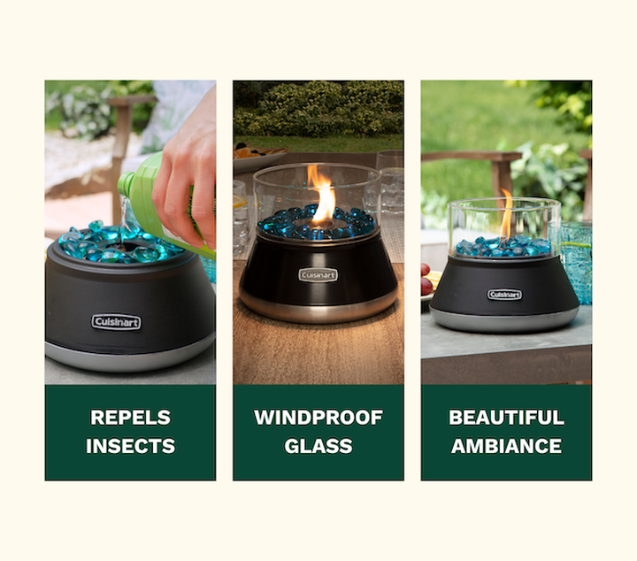 Repels insects, citronella being poured in bowl, windproof glass, beautiful ambiance, fire bowl on table