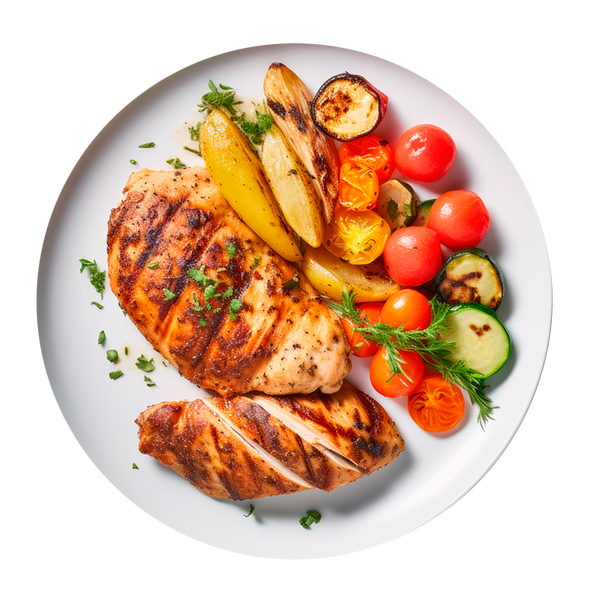 grilled poultry and grilled vegetables on a white plate