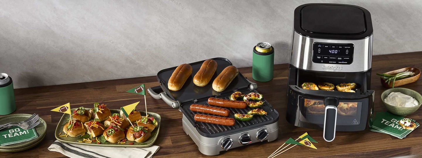 Cuisinart griddler basket air fryer with gameday food.