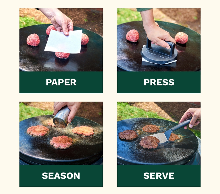 placing paper on burger, pressing burger with smash burger press, seasoning meat, flipping burger