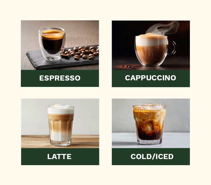 Espresso, Cappuccino, Latte, and Cold/Iced