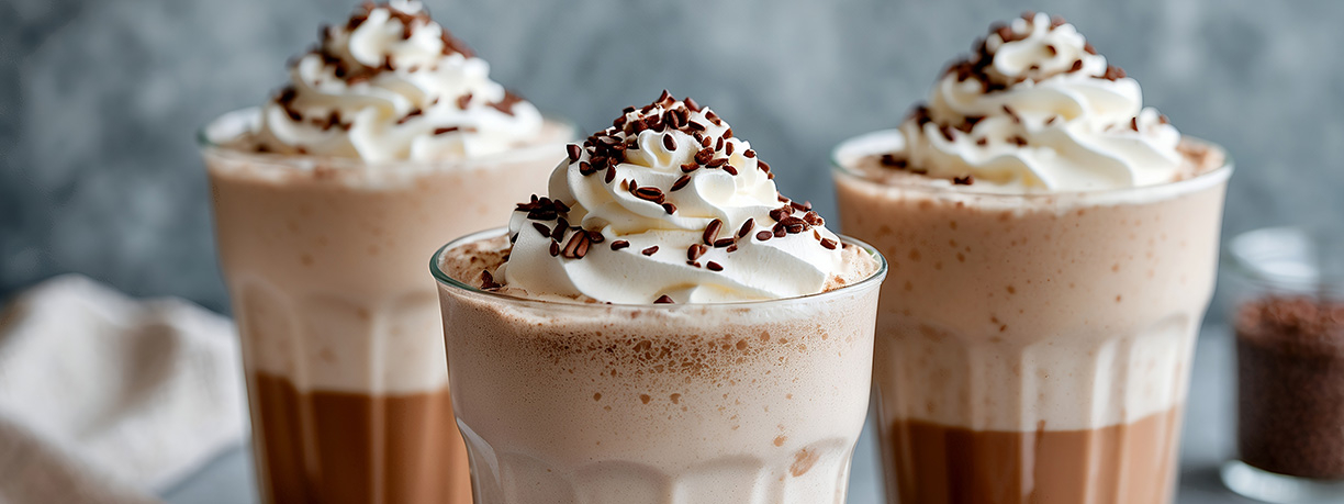 Three whipped cream-topped milkshakes.