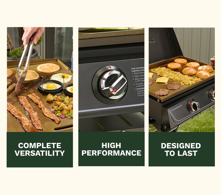 bacon and pancakes on griddle, temperature control knob, griddle with burgers on top