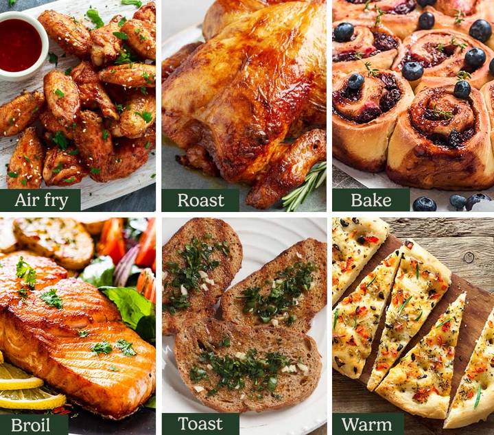 Air fry, Roast, Bake, Broil, Toast. Warm food examples