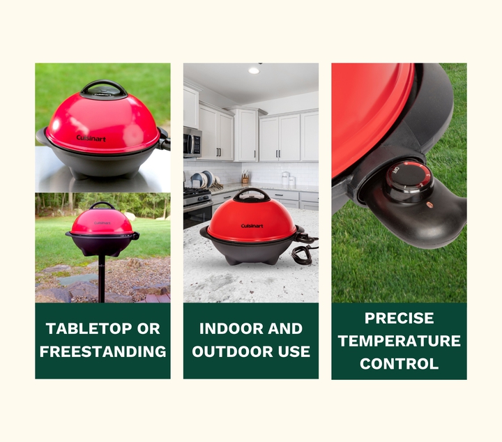 red electric grill on and off stand, grill on kitchen counter, precise heat control, close up of temperature control