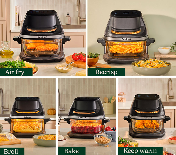 Five cooking functions - air fry, recrisp, broil, bake, keep warm