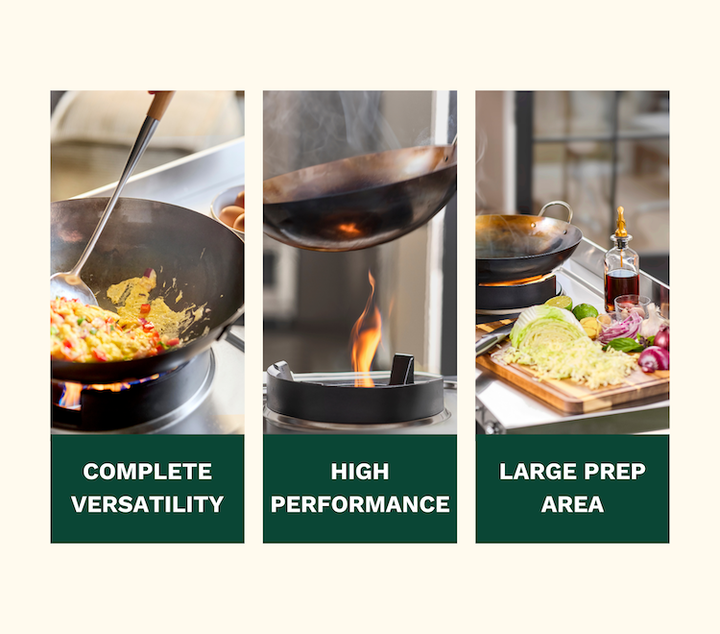 Complete versatility, high performance with big flame, large prep area with food on top
