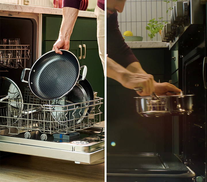 split screen of pan going into dishwasher and oven
