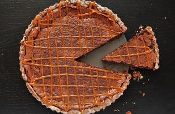 Caramel Walnut Tart with Raspberry and Chocolate