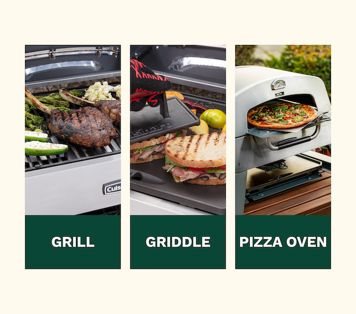 grill with steak, griddle with paninis, pizza oven cooking pizza