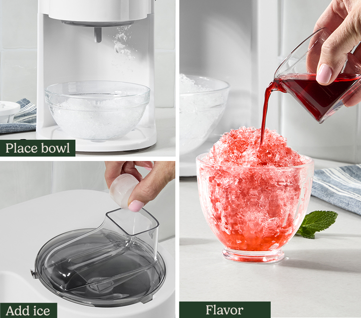 Place bowl on base, add ice cubes, flavor with syrup