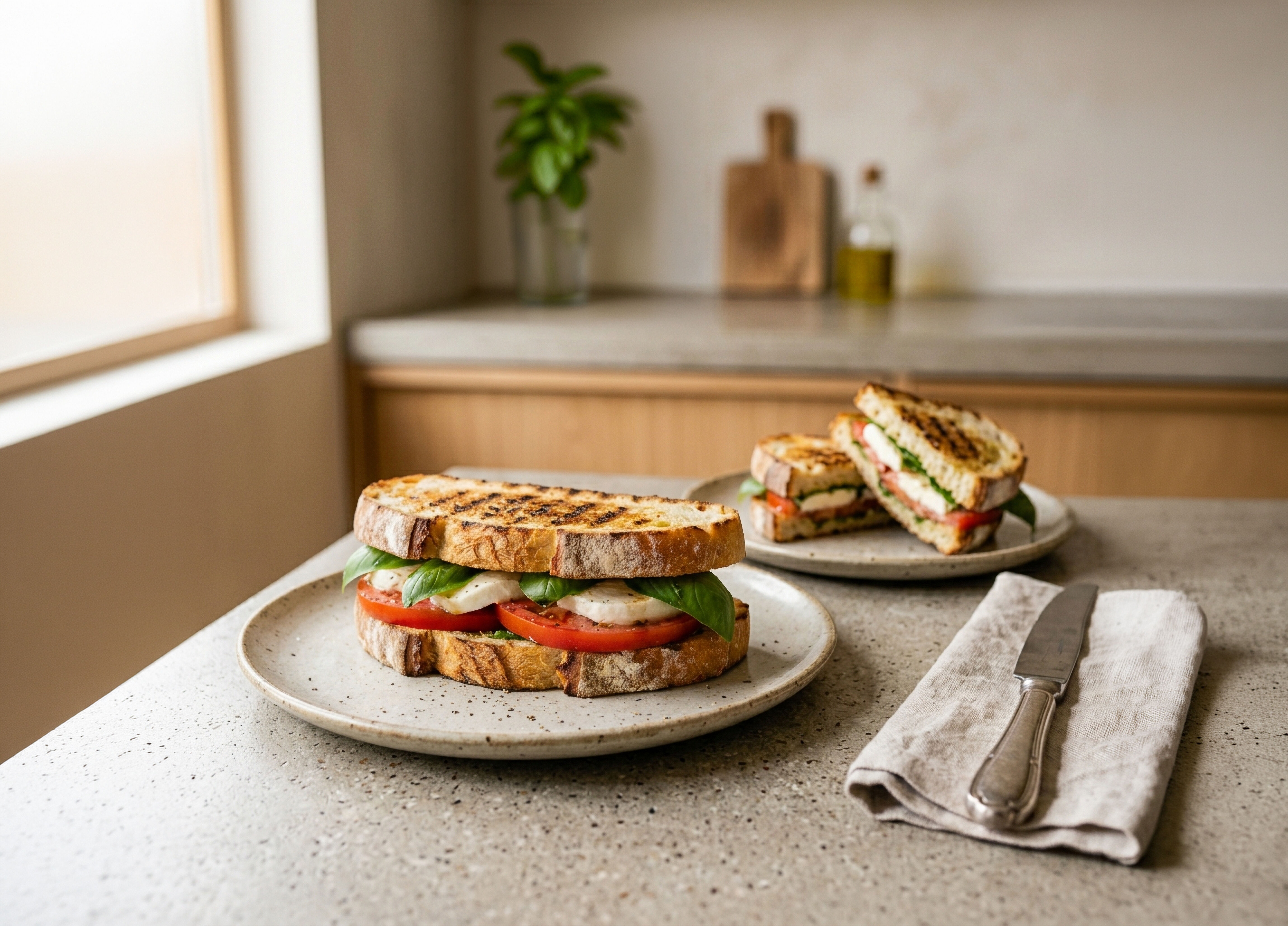 Grilled Fresh Mozzarella, Tomato & Basil Panini Sandwiches