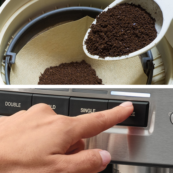 Adding ground coffee to filter and pressing control button on a Cuisinart coffee maker