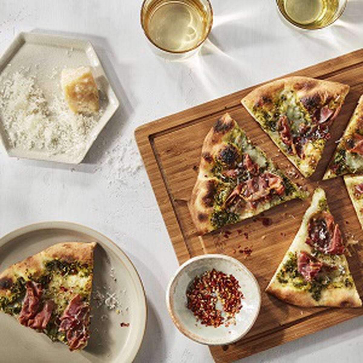 Pistachio-Arugula Pesto, Prosciutto,  and Burrata Pizza-1