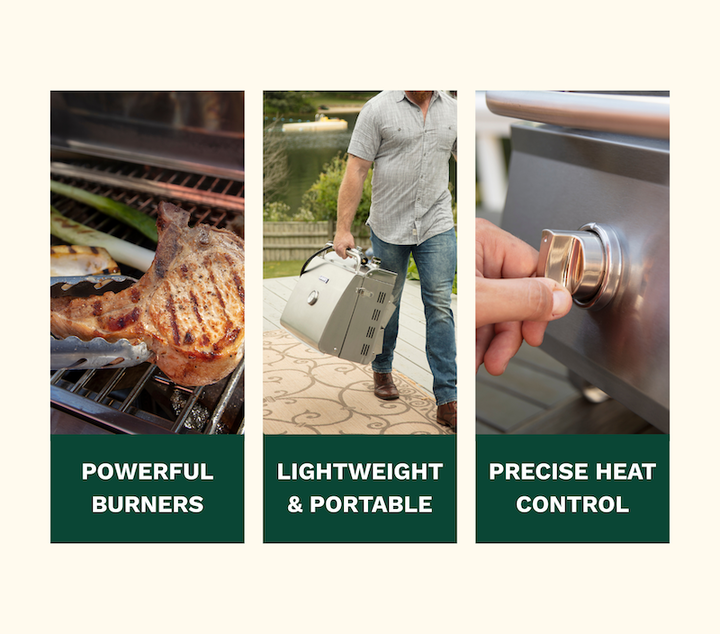 Powerful burners cooking steak, man carrying portable grill, precise heat control knob