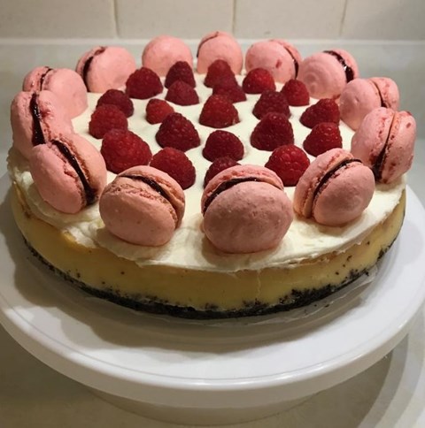 White Chocolate Raspberry Cheesecake with Macarons