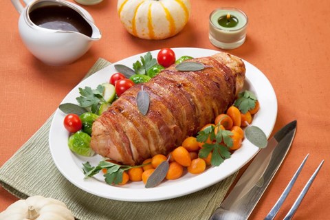 Bacon Wrapped Turkey Breast with Cornbread-Chestnut Stuffing