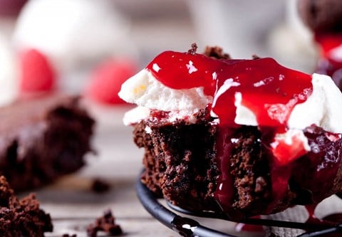 Champagne Brownies with Macerated Raspberries