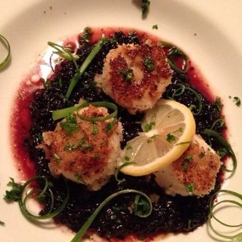 Black Rice Risotto and Panko Crusted Scallops with Truffle Yuzu Sauce