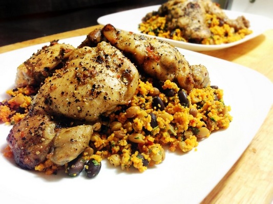 Tomato Basil Couscous with Lentils, Black Beans and Jerk Chicken Submitted by Foodzto