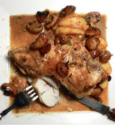Calvados kissed chicken with sauteed apples and mushrooms Submitted by Terry Dagrosa 