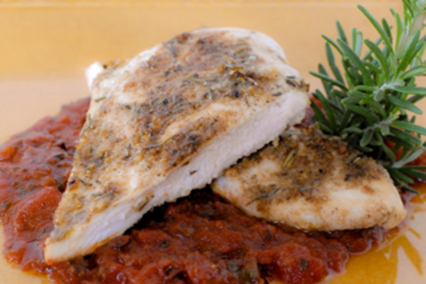 Porcini Rub Chicken with Tomato and Olive Sauce