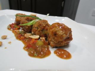 You can serve the meatballs with any sauce. This time I served it with my homemade Thai style sweet and spicy sauce and crushed peanuts. Submitted by Zhee Zhee's Turkey Meatballs