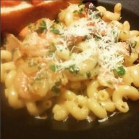 Fusilli Rigati with Applewood smoked shrimp and bacon in a tomato parmesan cream sauce