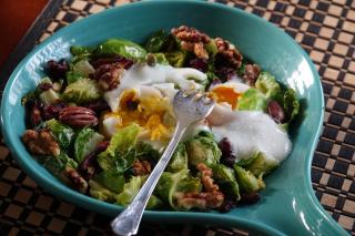 Nutty Brussels Sprouts and Eggs baked in Fiesta skillet Submitted by Nutty Brussels Sprouts and Eggs: 